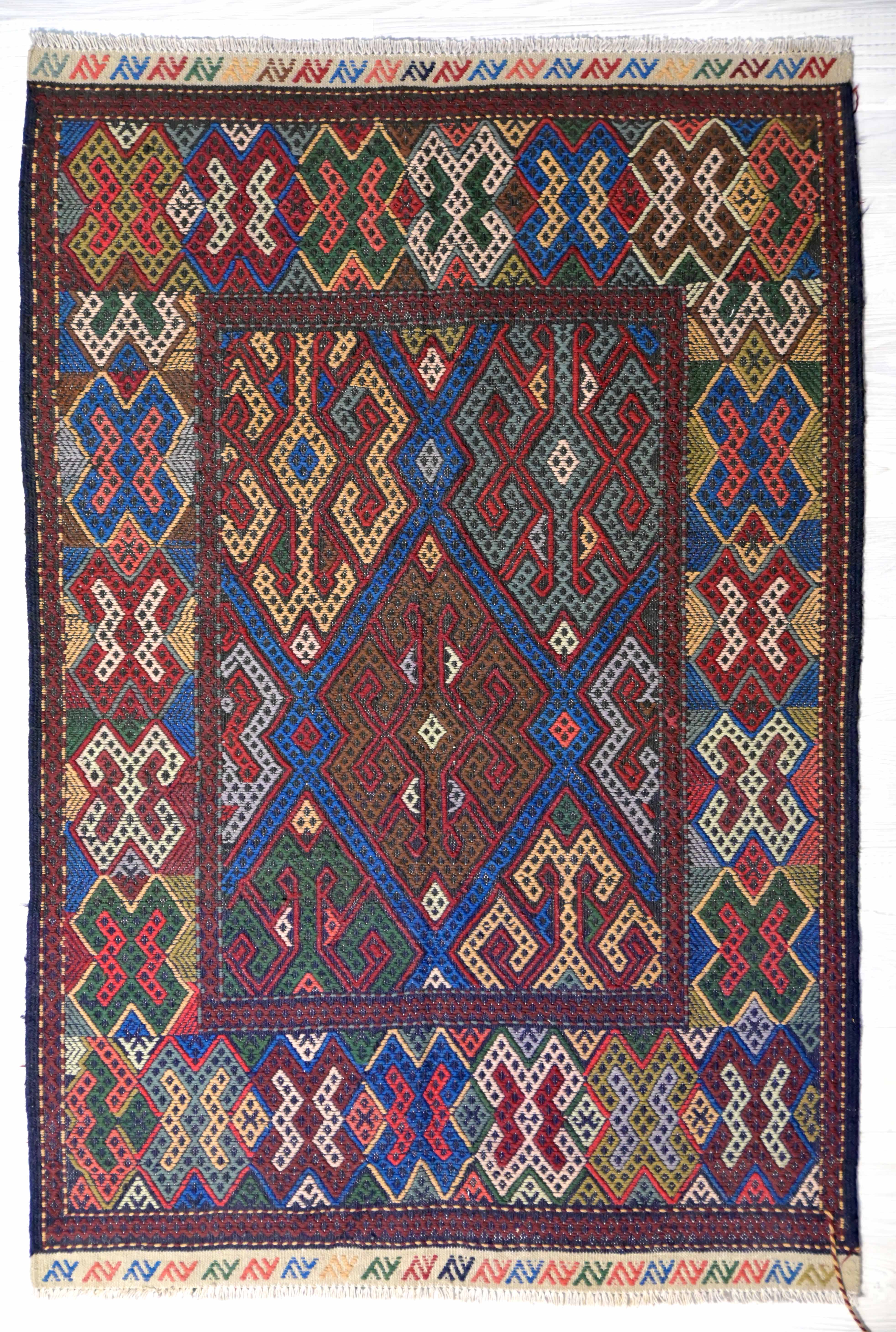 Authentic Handknotted Multicolour Persian Sumak 153cm x 103cm
Lovely geometrc design the weavers are never short of new inspiration
Stronger, warmer, tribal fat weave style than Kilim. 