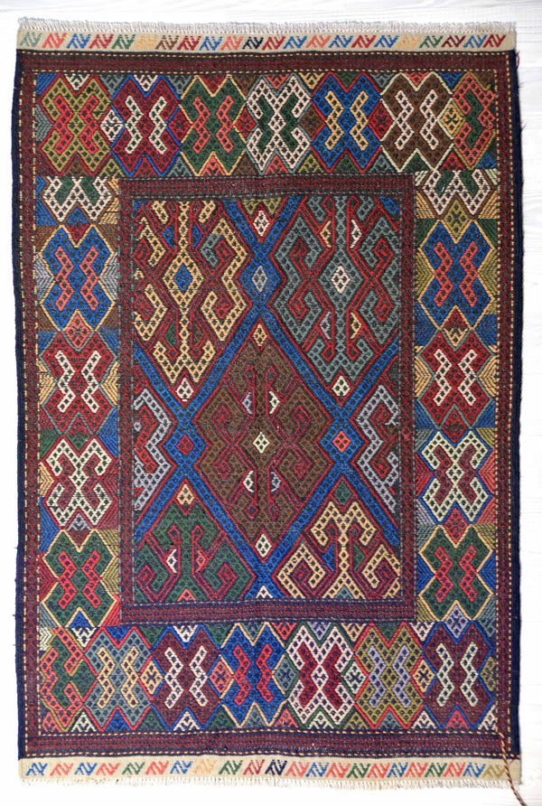 Authentic Handknotted Multicolour Persian Sumak 153cm x 103cm
Lovely geometrc design the weavers are never short of new inspiration
Stronger, warmer, tribal fat weave style than Kilim. 