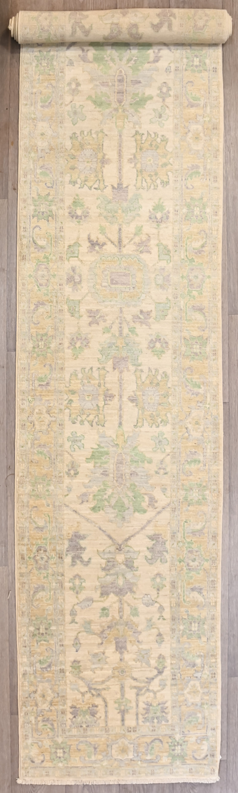 Predominantly cream with motifs in muted green and lilac Afghan Chobi Wool Runner 393cm x 73cm Perfect for that hard to please long narrow hall.