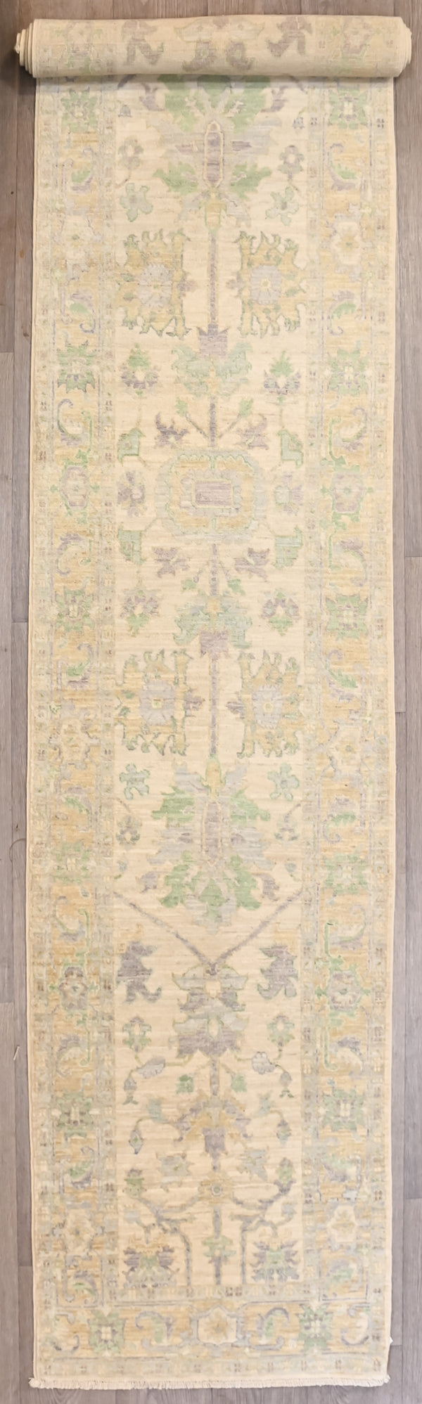 Predominantly cream with motifs in muted green and lilac Afghan Chobi Wool Runner 393cm x 73cm Perfect for that hard to please long narrow hall.