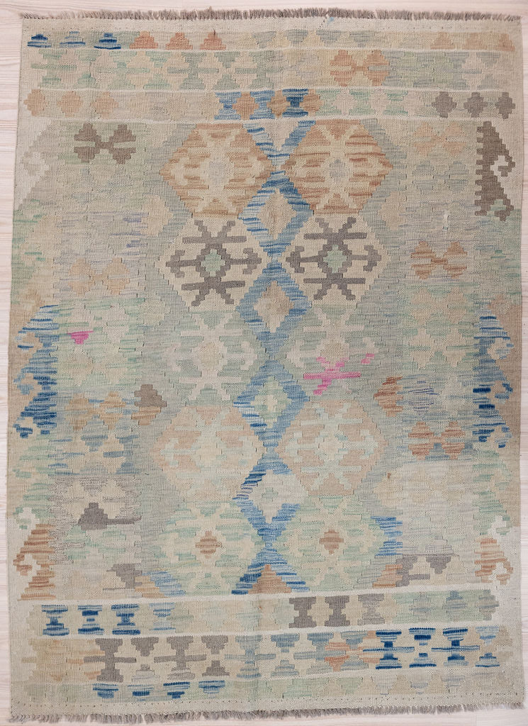 uthentic Hand woven Muted Afghan Boho Kilim 195cm x 143cm&nbsp; Rug in subdued pale muted field tones all over
Lovely soft contemporary colours