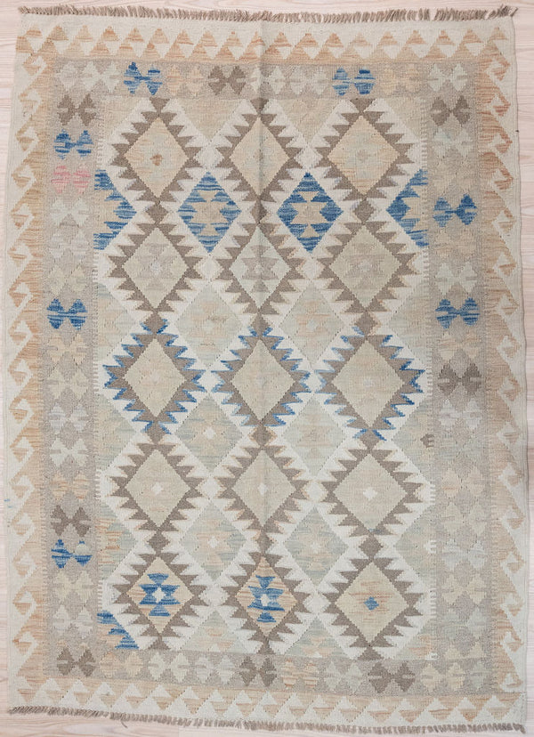 Authentic Hand woven Muted Afghan Boho Kilim 206cm x 151cm
Rug in subdued pale muted field tones all over
Lovely soft contemporary colours