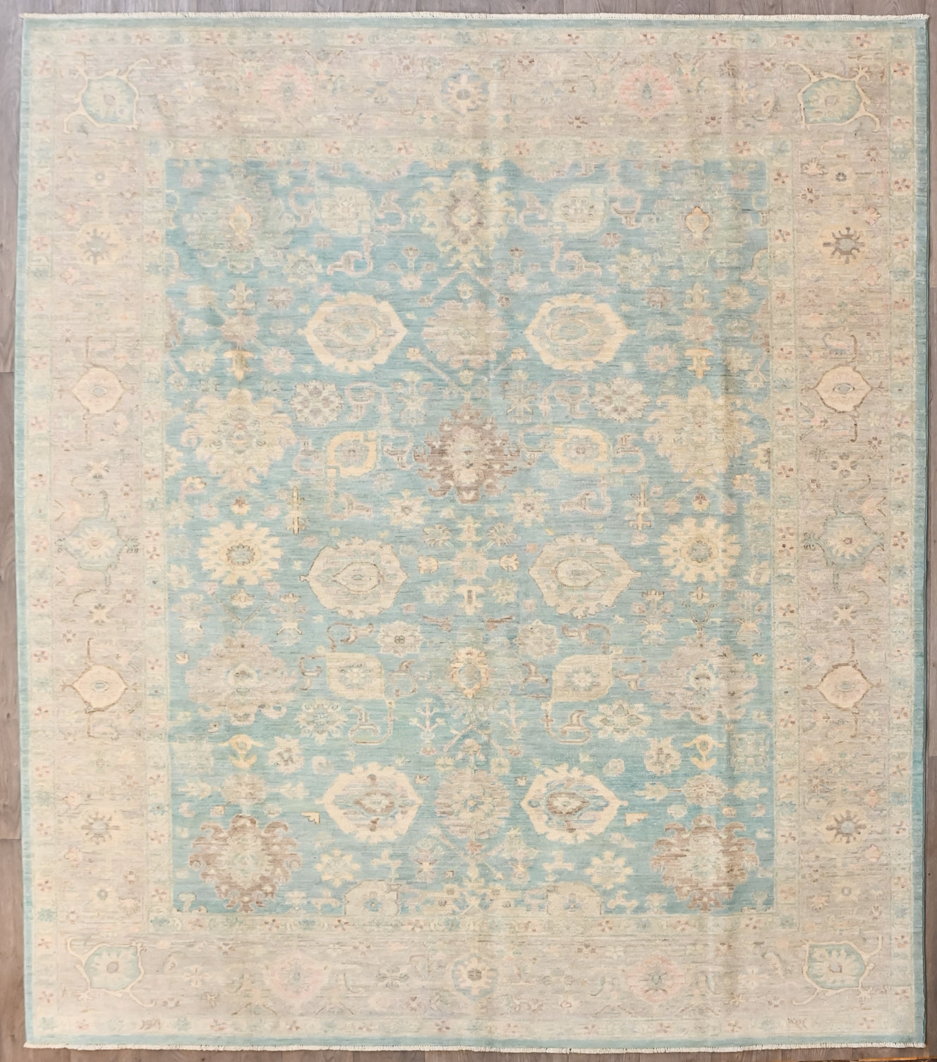 Authentic Hand knotted Muted Blue Afghan Chobi Wool Rug ;292cm x 249cm
Muted tones all made from natural vegetable dyes. An exquisite muted blue field tone combined with a earthy natural border