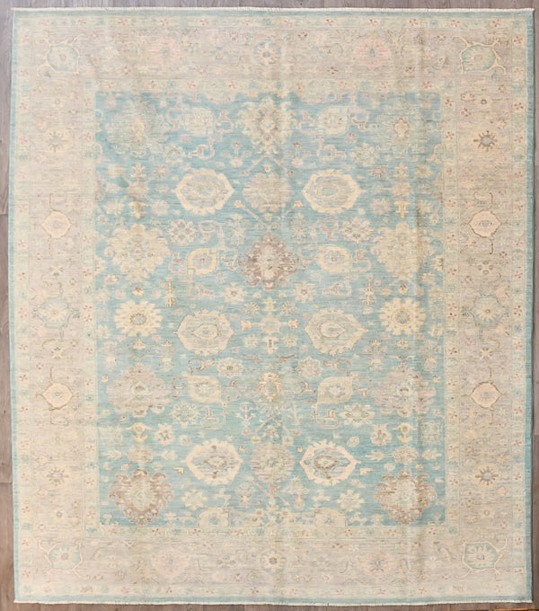 Authentic Hand knotted Muted Blue Afghan Chobi Wool Rug ;292cm x 249cm
Muted tones all made from natural vegetable dyes. An exquisite muted blue field tone combined with a earthy natural border