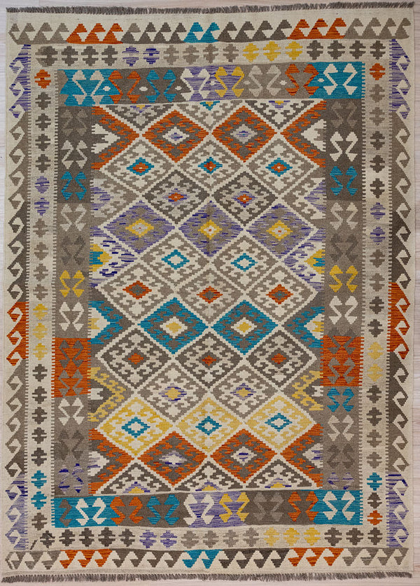 Authentic Handknotted Multicolour Afghan Boho Kilim Wool Rug 254cm x 176cm
Traditional bold kilim design in a modern fresh muted colour palette
Durable and Wear Resistant Suitable for High Traffic Areas