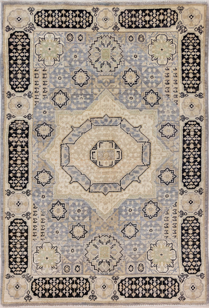 Authentic Hand knotted Muted Mamluk Afghan Chobi Wool Rug 154cm x 102cm woven in Shebarghan, Afghanistan
Inspired by the ancient Egyptian Mamluk design which consists of  Geometric patterns all over.

This rug could be great with the eternally popular blue and white decorating theme or anywhere that a paler palette, but still a traditionsl look, is desired.
Durable and Wear Resistant Suitable for High Traffic Areas