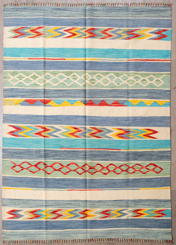 uthentic Handknotted Multicolour Boho Kilim 239cm x 175cm
Rare muted field tones all over
Lovely soft contemporary colours.
These traditioal flexible wool rugs have many uses in the modern Boho home. Easy Care, these rugs inprove with age