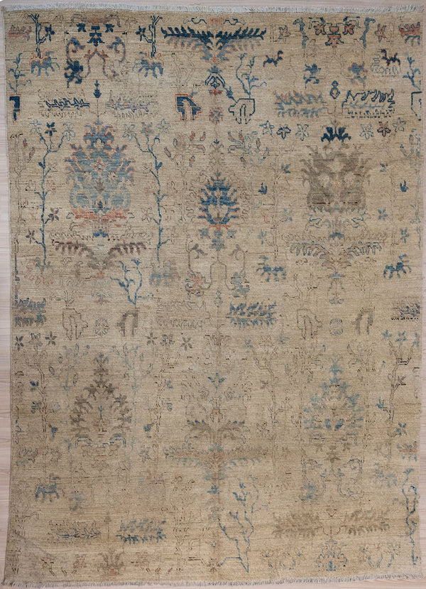 Authentic Hand Knotted Muted Grey Afghan Chobi Oushak Design Wool Rug 355cm x 265 cm suitable for large areas
Muted beige, browns, indigo and chocolate tones including natural wool coours
Oushak Design light toned rug brightens your interior and opens your space