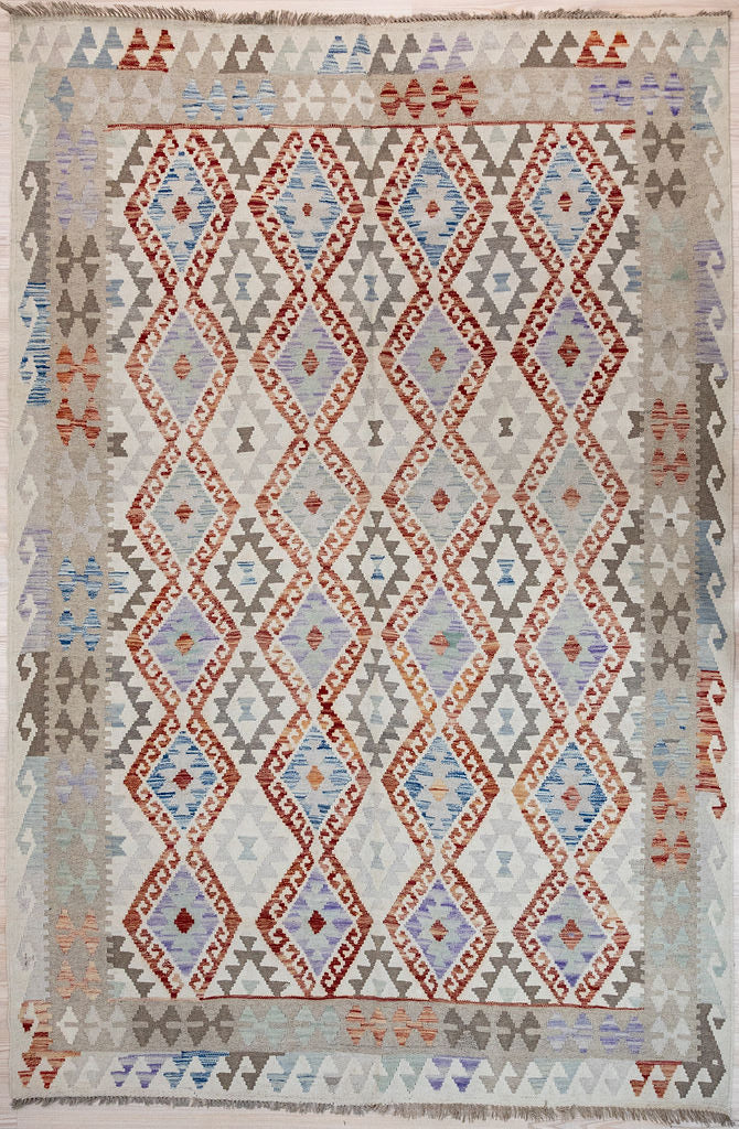 Authentic Handknotted rare Muted XL Boho Afghan Wool Kilim 396cm x 299cm
Unique washed out look achieved with different shades of wool including natural undyed wool.
Kilims are a flatweave rug used for over a millennium in Tribal areas of Central Asia Anatolia. Historically used by nomads as floor covering, tent covering, transported on horseback because of its lightweight nature
Perfect for a summer rug, coastal or to bring more character  and life into your interior