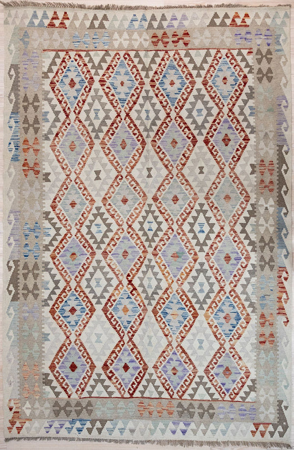 Authentic Handknotted rare Muted XL Boho Afghan Wool Kilim 396cm x 299cm
Unique washed out look achieved with different shades of wool including natural undyed wool.
Kilims are a flatweave rug used for over a millennium in Tribal areas of Central Asia Anatolia. Historically used by nomads as floor covering, tent covering, transported on horseback because of its lightweight nature
Perfect for a summer rug, coastal or to bring more character  and life into your interior