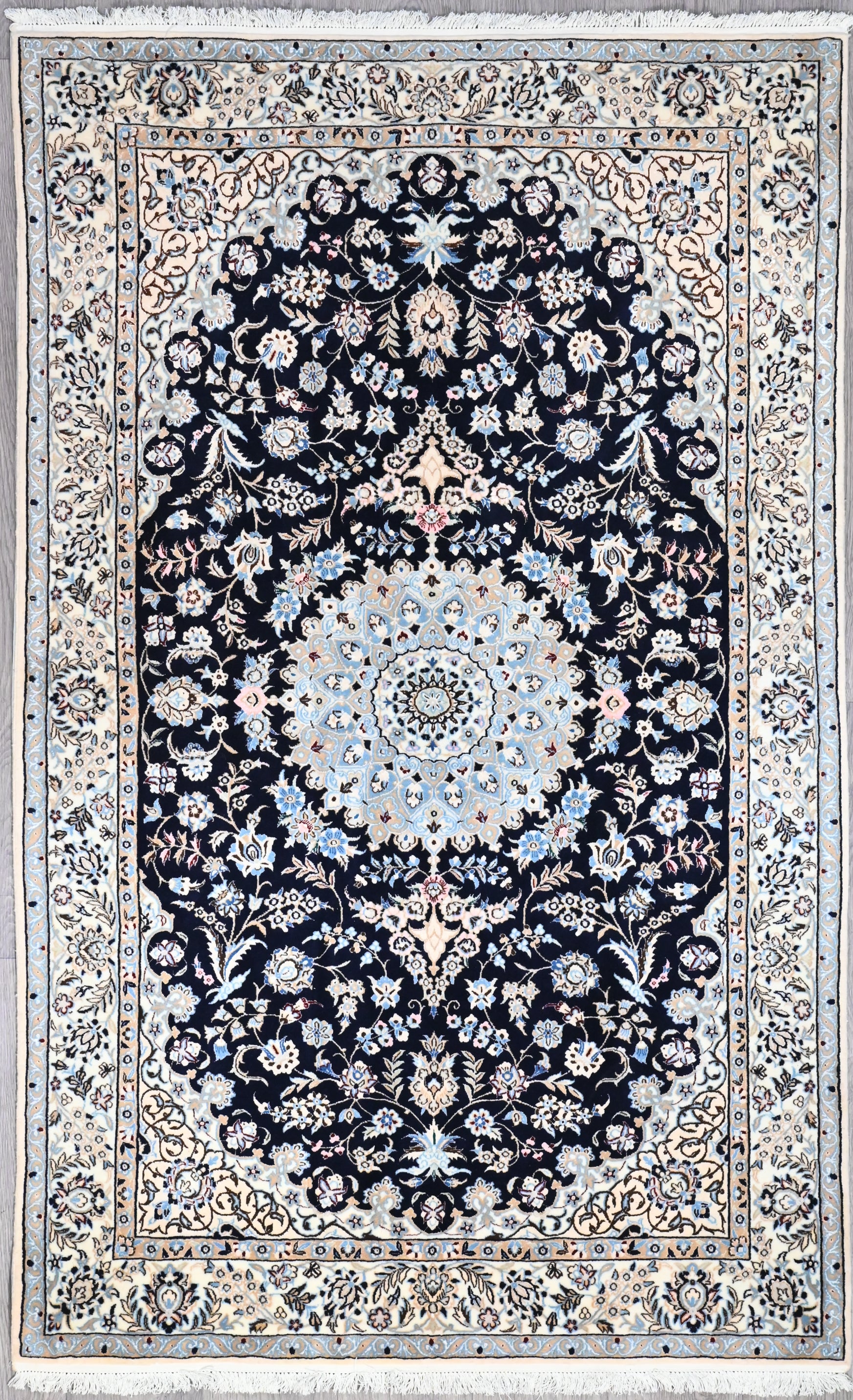 Navy Persian Nain Silk Wool Rug 200 cm x 126 cm tunning silk woven throughout this beautiful Nain has
Hight knot count  woven by the master weavers of Iran