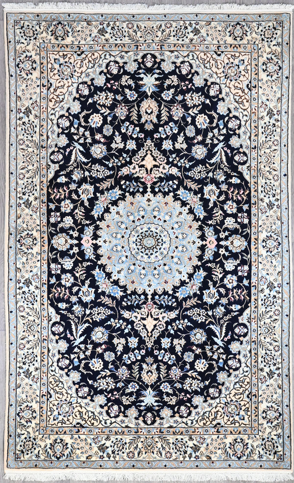Navy Persian Nain Silk Wool Rug 200 cm x 126 cm tunning silk woven throughout this beautiful Nain has
Hight knot count  woven by the master weavers of Iran