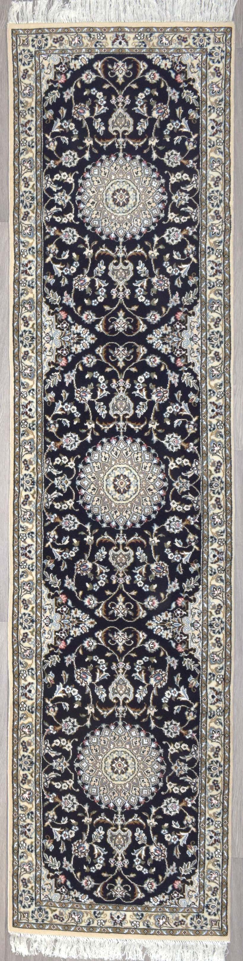 Authentic Handknotted Navy Persian Nain Silk Wool Runner 304cm x 73cm
Soft silk and woolen pile on this stunning Nain Runner.
Georgeous detailed weaving in classical style.
Having a light and dark side is a trademark of Handmade Rugs
Durable and Wear Resistant Suitable for High Traffic Areas