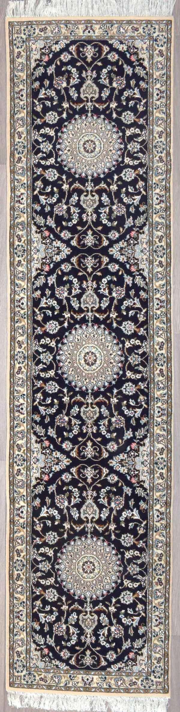 Authentic Handknotted Navy Persian Nain Silk Wool Runner 304cm x 73cm
Soft silk and woolen pile on this stunning Nain Runner.
Georgeous detailed weaving in classical style.
Having a light and dark side is a trademark of Handmade Rugs
Durable and Wear Resistant Suitable for High Traffic Areas