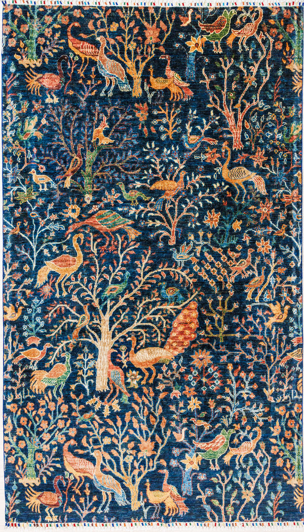Very rare 49cm x 162cm pictorial design rug. Stunning motifs woven including peacocks, quail &amp; swans native to the central Asian region. Finely woven tree of life depicting everlasting nature