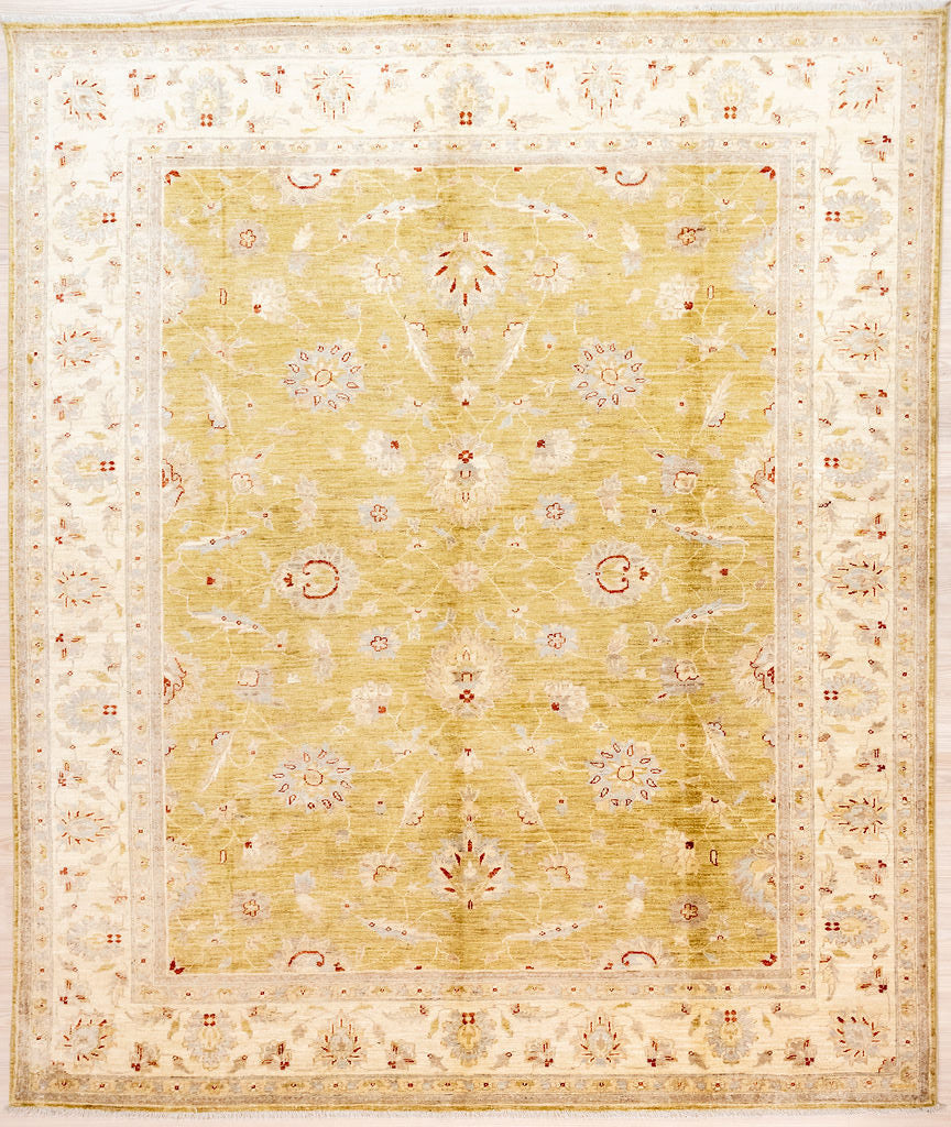 Authentic Hand woven Olive Green Afghan Chobi Wool Rug 286cm x 248cm . Great size for living or dining.
Traditional floral botanical motifs and symbols of good fortune in an on trend colour way. Lovely wide cream border with flashes of red. Generous pile. Suitable for both modern contemporary and traditional interiors.
Colour tones all made from locally sourced vegetable dyes

Having a light and dark aspect is a trademark of Handmade Rugs