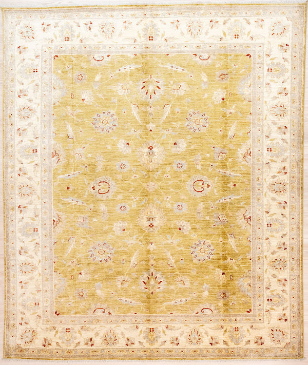 Authentic Hand woven Olive Green Afghan Chobi Wool Rug 286cm x 248cm . Great size for living or dining.
Traditional floral botanical motifs and symbols of good fortune in an on trend colour way. Lovely wide cream border with flashes of red. Generous pile. Suitable for both modern contemporary and traditional interiors.
Colour tones all made from locally sourced vegetable dyes

Having a light and dark aspect is a trademark of Handmade Rugs