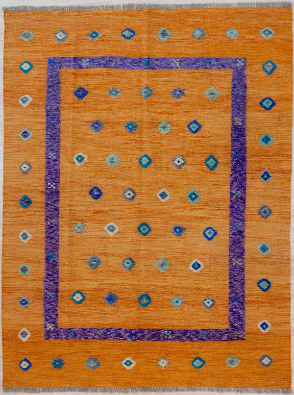 Orange Barjasta Afghan Wool Kilim 203cm x 158cm
Guaranteed Original Afghan Kilim Pure Wool with textured wool pile diamonds of different colours and a stunning purple border on an orange terracotta abrash wool background. This rug is at home in MCM, Modern or bohemian home.
Abrash effect is formed by deliberately spinning together different dye batches.
Durable and Wear Resistant Suitable for High Traffic Areas