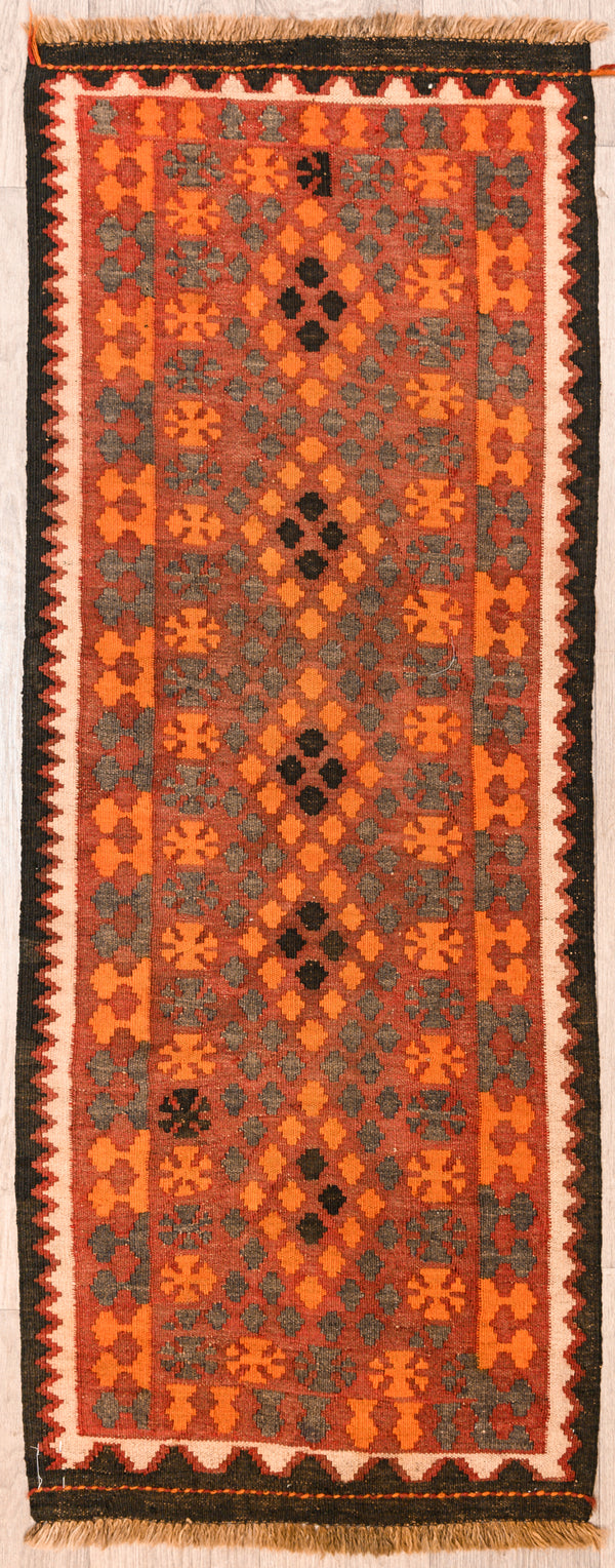Orange Red Vintage Persian Kilim short Runner 175cm x 66cmi woven n Central Asia

Aged gracefully and in immaculate condition.

Kilims are a flat-weave rug used for over a millennium in Tribal areas of Central Asia &amp; Anatolia. Historically used by nomads as floor covering, tent covering able to be carried on horseback because of its lightweight nature
Nice in short entry, short hall or galley kitchen