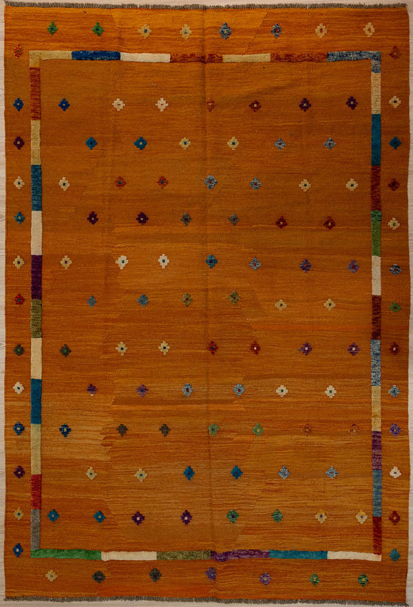 Orange Terracotta Barjasta Afghan Wool Kilim 292cm x 202cm
Guaranteed Original Persian Kilim Pure Wool with textured wool pile diamonds of different colours and a border on an orange terracotta abrash wool background.&nbsp;
Texture is formed by deliberately spinninfg together different dye batches
Durable and Wear Resistant Suitable for High Traffic Areas