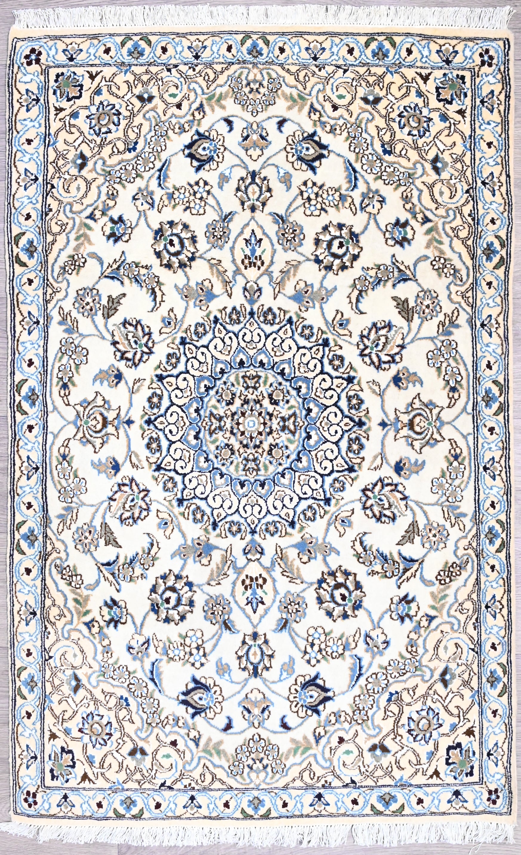 Authentic Handknotted Persian Nain 139cm x 86cm
Pale dainty and delicate high knot count.
A little bit of luxury for your special place
Having a light and dark aspect is a trademark of Handmade Rugs

Durable and Wear Resistant&nbsp;