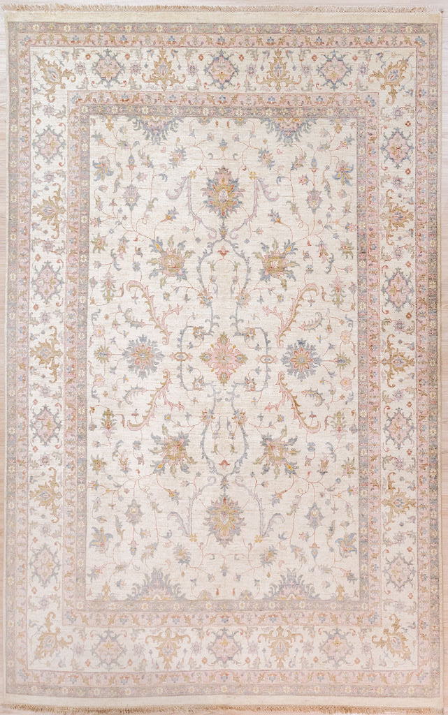Authentic Hand Knotted Pink Cream Natural Afghan Chobi Wool Rug 373cm x 269cm
Exquisite floral garlands decorate this soft cream vintage look masterwork.
Muted peach, beige, green &amp; blue tones all made from natural vegetable dyes gives a feeling of times gone by.

Oushak Design light toned rug brightens your interior chasing away any darkness
Similar rugs were used for the same room brightening effects in older Victorian interiors. Use the same trick if you have inherited dark wood furniture.

