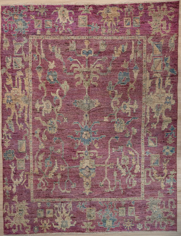Authentic Hand Knotted Wild Raspberry Afghan Chobi Oushak Design Wool Rug 293cm x 240cm suitable for dining, living or bedroom areas
Muted beige, green &amp; blue tones on a background of marled wild Raspberry all made from natural vegetable dyes
Oushak Design light toned rug brightens your interior and opens your space. Its new and different
