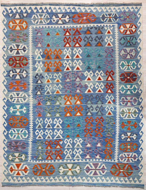 Authentic Handknotted Rare Blue Afghan Boho Wool Kilim 294cm x 242cm Rare combination of indigo colours along with fresh light blues cream and white. Kilims are a flatweave rug used for over a millennium in Tribal areas of Central Asia Anatolia. Historically used by nomads as floor covering, tent covering, transported&nbsp; on horseback because of its lightweight nature
Perfect for a summer rug, coastal or to bring more character &amp; life into your interior