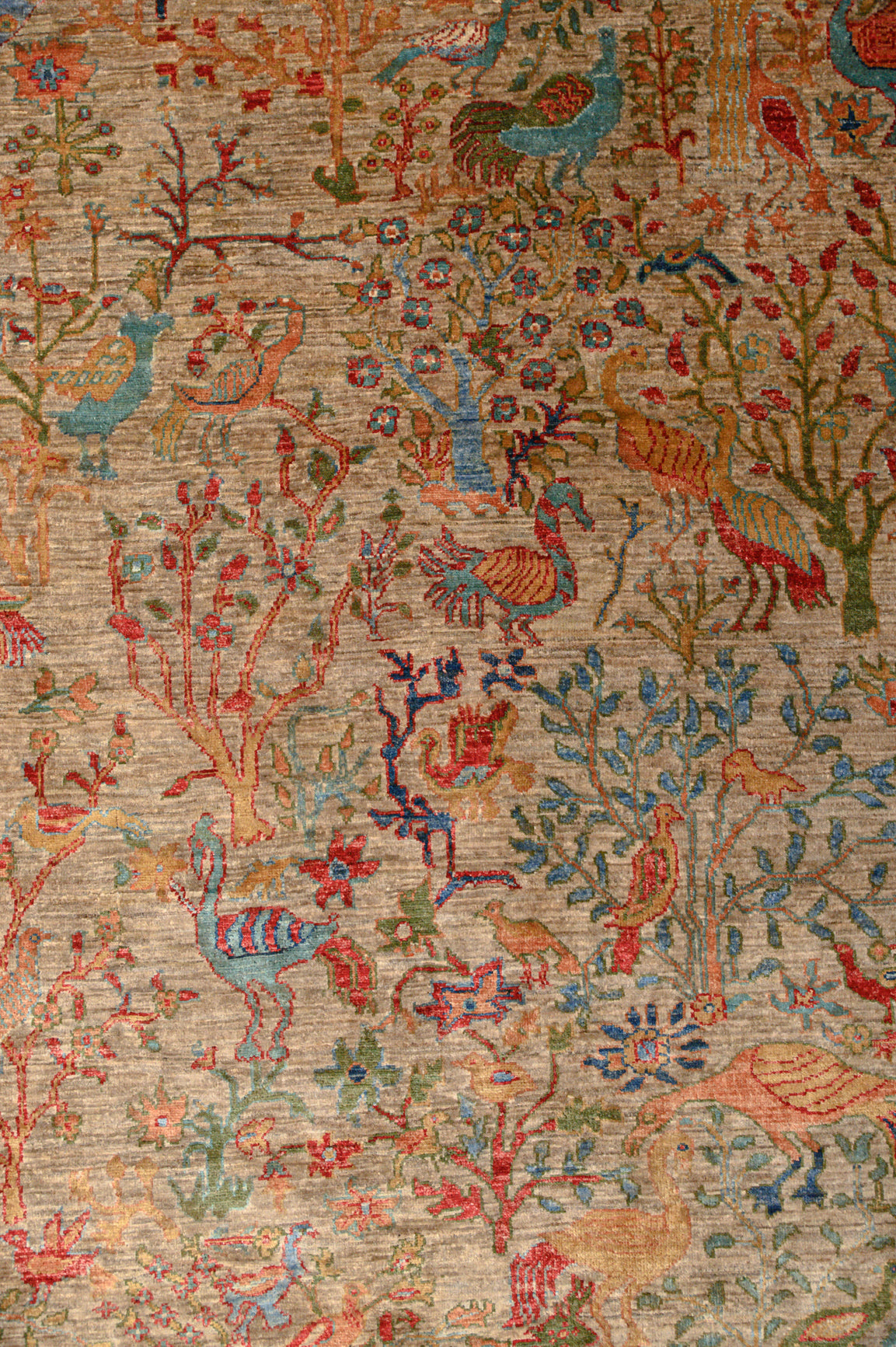 Light Sienna colour Afghan Pictorial chobi Wool Rug 371cm x 272cm. Earthy with  bright coloured bird motifs