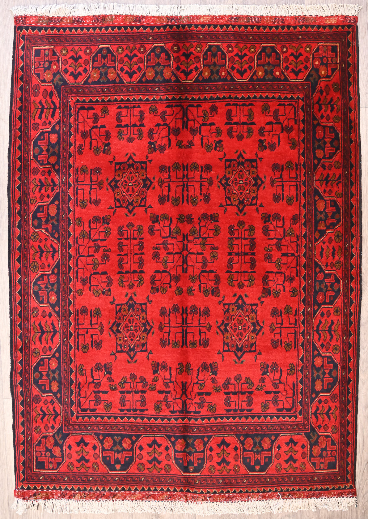 Red Afghan Khal Wool Rug 150cm x 106cm will create a lovely bright spot in your beautiful home