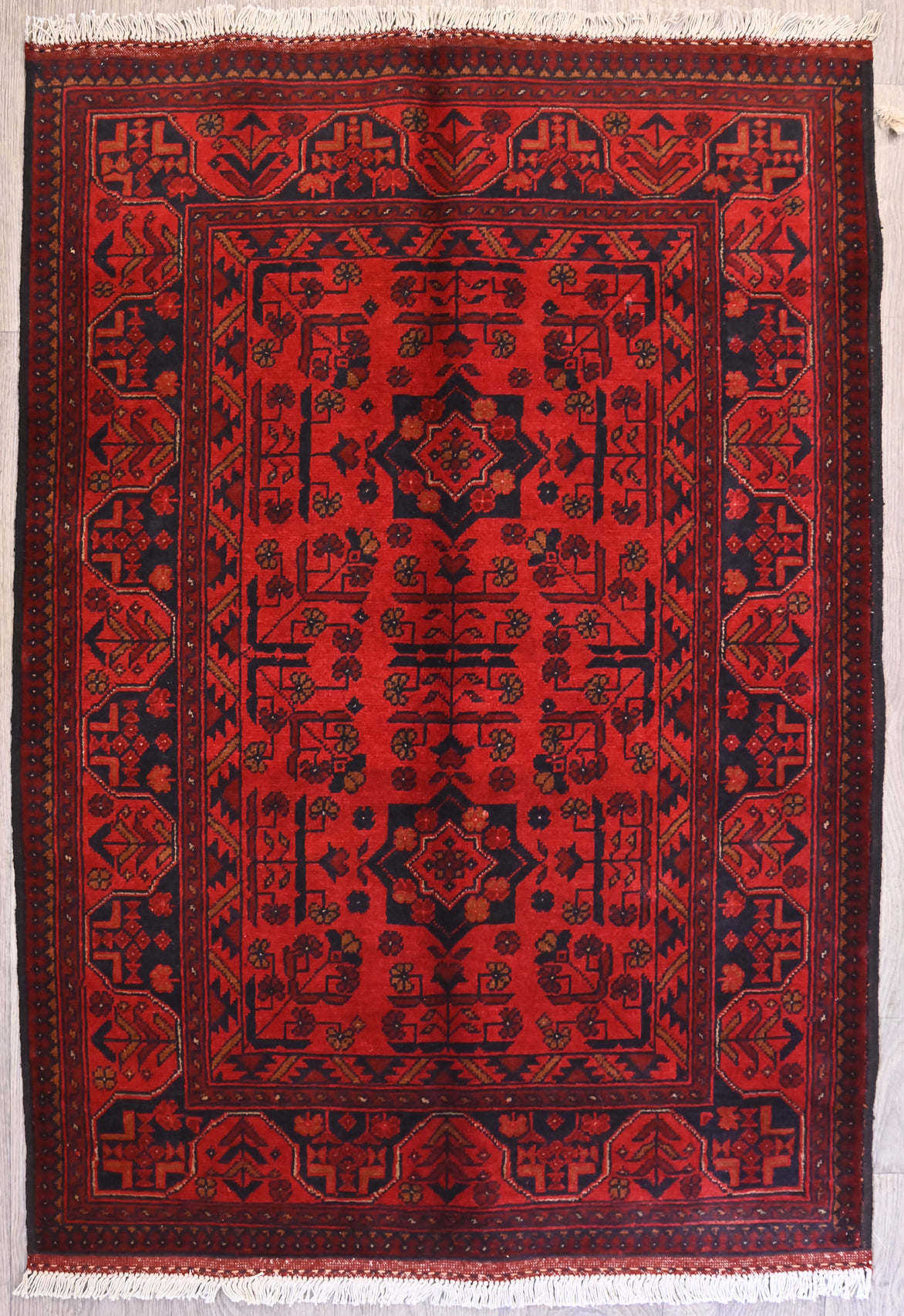 Red Afghan Khal Wool Rug 140cm x 100cm sturdy traditional bright red rug for high traffic area