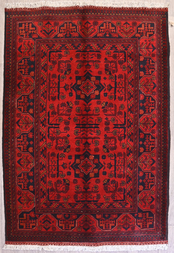 Red Afghan Khal Wool Rug 140cm x 100cm sturdy traditional bright red rug for high traffic area