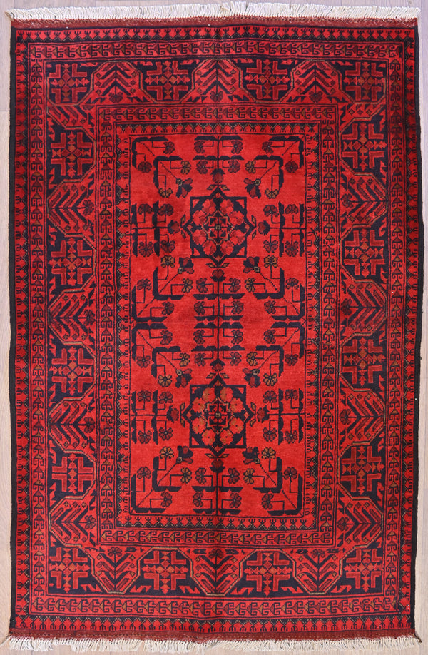 Red Afghan Khal Wool Rug 152cm x 100cm amazing bright red broken tree design in madder red and black