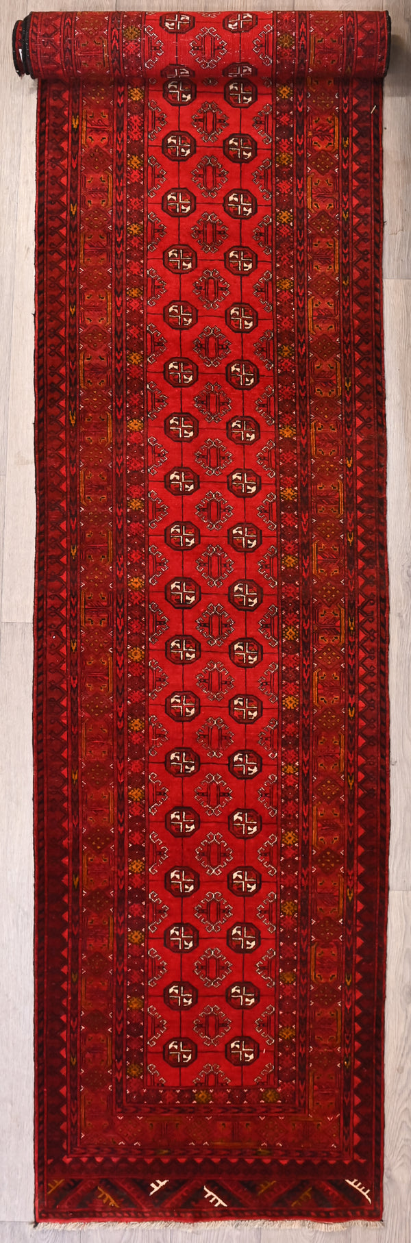 Red Vintage c.1960's Afghan Turkoman Wool Runner 350cm x 76cm Walk the red carpet and you are home safe