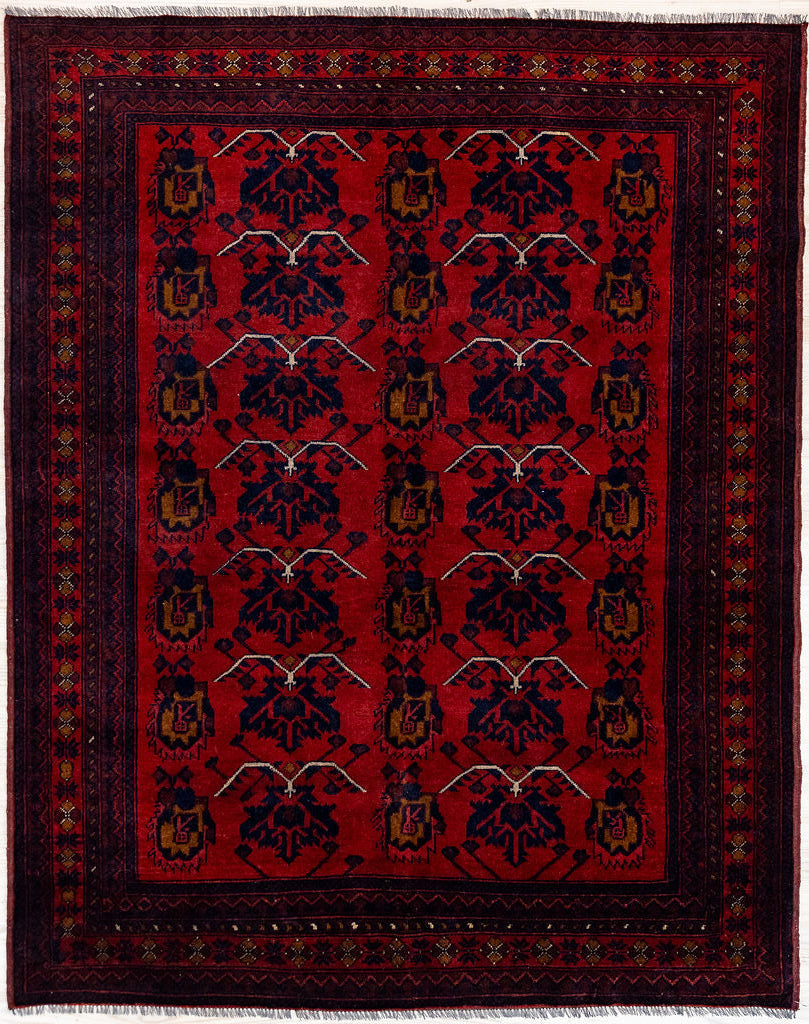 Authentic Hand woven Red Afghan Khal Wool Rug 194cm x 155cm
Most well known in the afghan rug range, featuring broken branch design where flowering branches are bent at angles as if snapped. "As the twig is bent the tree will grow" is a phrase used to refer to training fruit trees into fruitful shapes. The saying goes for animals and children as well.

Red colour tone made from the ancient method of dying using madder root and pomegranate skin