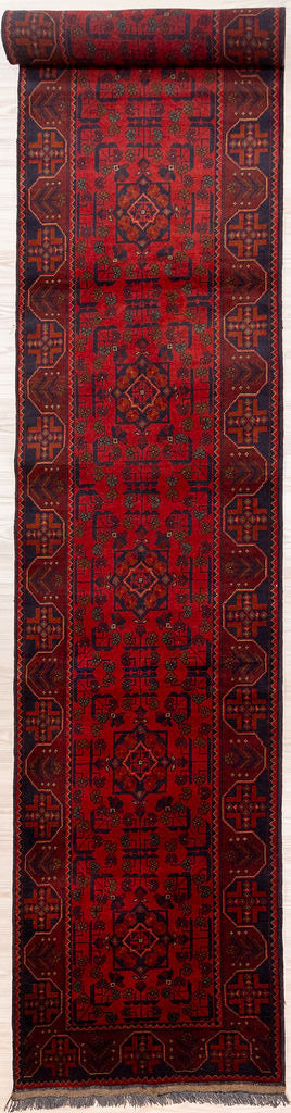 Authentic Hand knotted Red Afghan Khal Wool Runner 467cm x 80cm From the Afghani range, this Khal is woven in Northern Afghanistan
A practical colour for a runner. The Intense Colour tones are derived from natural vegetable dyes.&nbsp;
Features an intricate one-off version of the popular "broken branch" design.
Brilliant Red colour made from locally sourced Pomegranate skin mordant and local red madder root powder.&nbsp;
Having a light and dark side is a trademark of Handmade Rugs
Durable and Wear Resistant