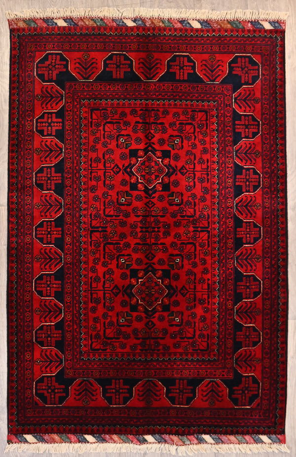 Authentic Hand knotted Red Afghan Kundus Wool Rug 150cm x 100cm
A lovely smaller rug with a border of alternating niches where red and black alternate between the background and the design within the niche, cleverly using the concept of positive and negative space. If you learned this concept in art school here it is in action. Weavers are very creative
This rug is in fine condition, showcasing the expertise of the weaver in creating an object of lasting beauty.