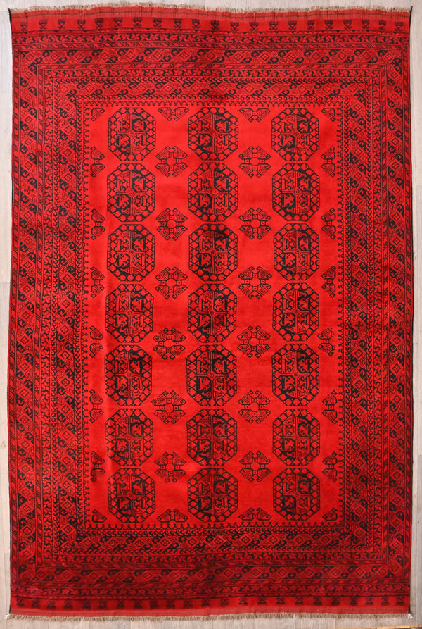 Authentic handknotted Red Afghan Turkoman Filpa Wool Rug 291cm x 189cm
The elegant repeating Bokhara motifs or Guls are slightly different in design in each unique rug and functioned like a weaver's signature.
Glowing traditional madder root red and black design
Having a light and dark aspect is a trademark of Handmade Rugs
Durable and Wear Resistant Suitable for High Traffic Areas