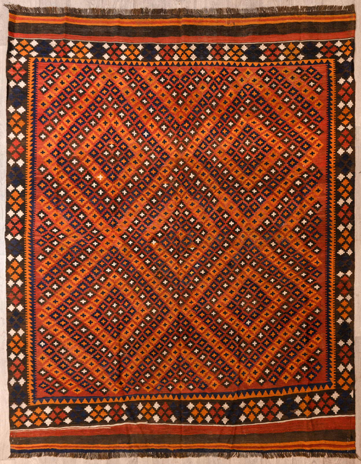 Authentic Handknotted Red Orange Vintage Persian Kilim 280cm x 220cm
Woven c.1980's, held in fine condition
Kilims are a light flatweave reversible rug used for over a millennium by the nomadic tribes of Central Asia&nbsp;