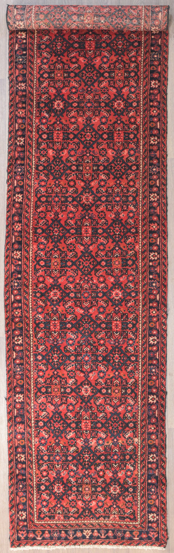 Gauranteed Authentic Red Persian Enjalis Runner 352cm x 83cm woven in Central Asia c.1980's
Unique Enjalis all over design suitable for long hallways