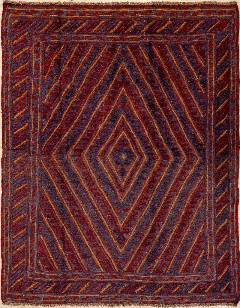 Authentic Hand knotted Red Persian Meshwani Wool Rug 180cm x 140cm woven in Central Asia
A unique combination of flatweave and woolen pile. Tribal boho design.&nbsp;

More "Square-ish" shapes in this style
Durable and Wear Resistant Suitable for High Traffic Areas