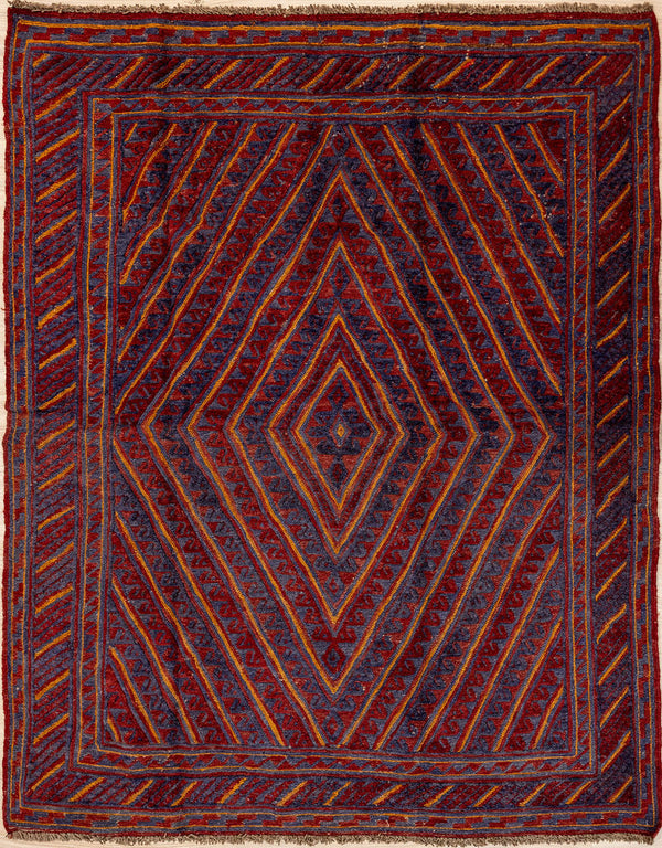 Authentic Hand knotted Red Persian Meshwani Wool Rug 180cm x 140cm woven in Central Asia
A unique combination of flatweave and woolen pile. Tribal boho design.&nbsp;

More "Square-ish" shapes in this style
Durable and Wear Resistant Suitable for High Traffic Areas