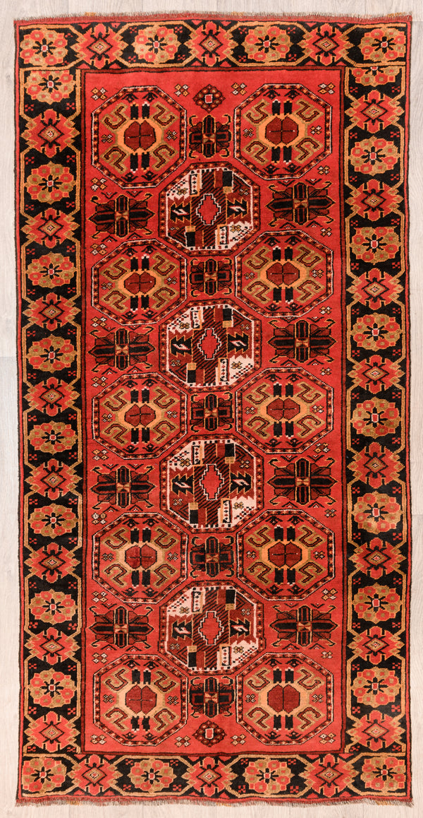 Red Persian Turkoman Bokhara Wool Rug 208cm x 104cm with stunning and intricate bokhara Gul designs typical of each tribals weaving group.
