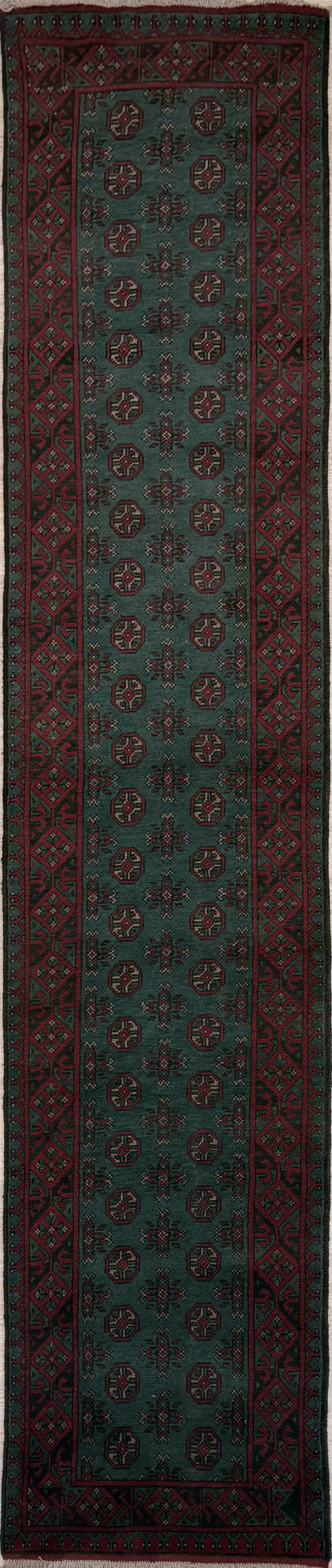 Red Teal Afghan Turkoman Bokhara Wool Runner 383cm x 75cm