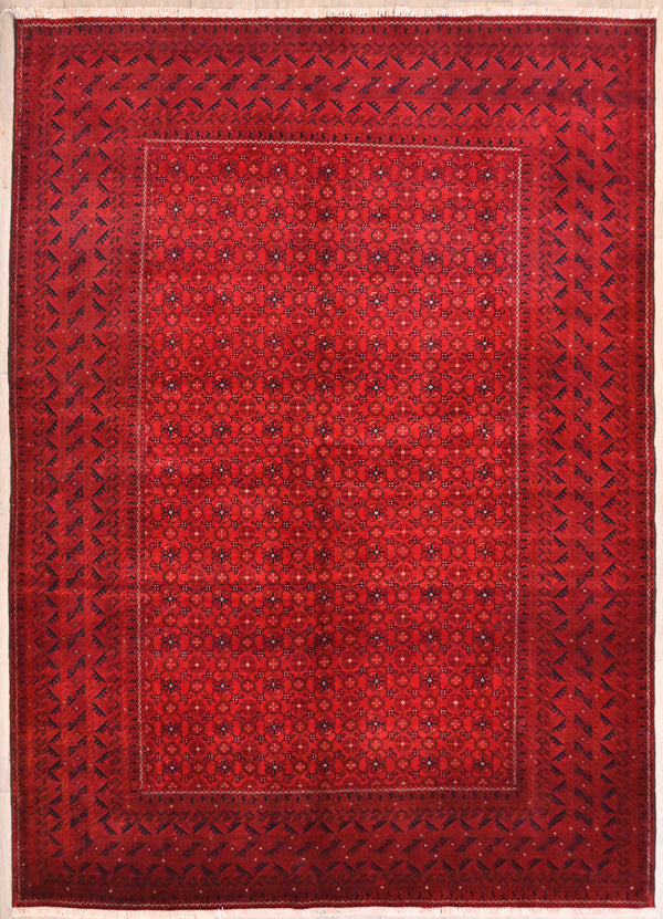 Authentic Hand knotted Red Vintage Afghan Kundus Wool Rug 290cm x 200cm intricately woven
Hand made by traditional Turkoman artisans in Northern Afghanistan, kept in fine condition.
Unique Kundus design with fine detailed field all over and interesting twisted ribbon style borders. Suitable for many interiors to warm and enhance character
Red colour tones all made from natural veg dyes including madder root and locally sourced pomegranates -  fruit existing in the region of Kandahar since the year dot