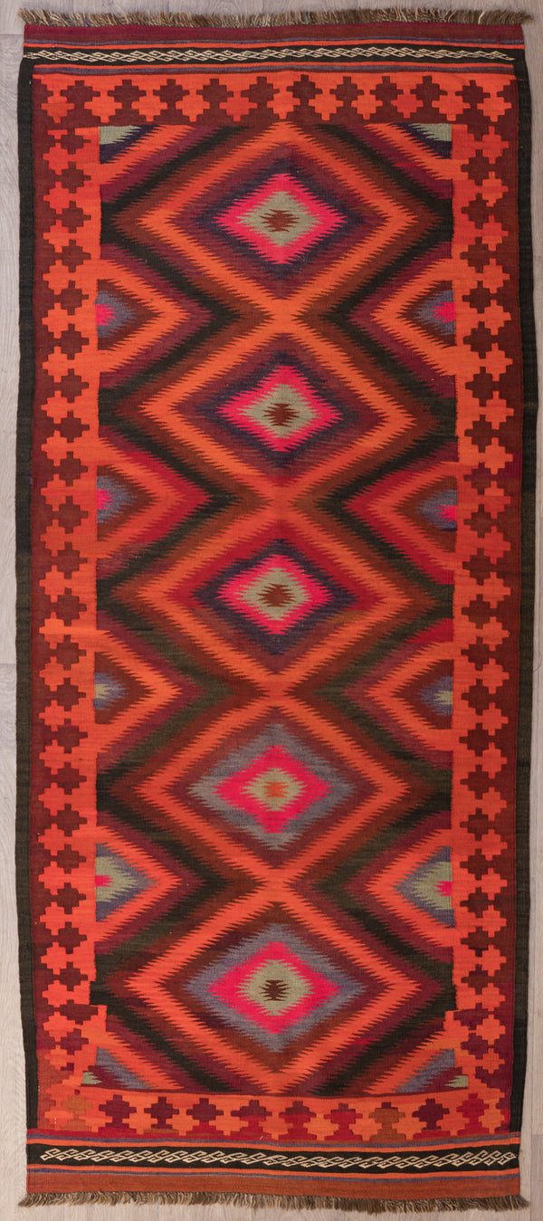 Authentic Handknotted Red Vintage c.1970's Turkish Kilim 247cm x 110cm
Having a light and dark side is a trademark of Handmade Rugs
All colour tones made from natural vegetable dyes
Kilims are a flat-weave rug, commonly used in tribal nomadic regions