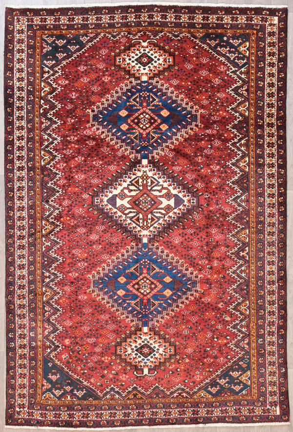 Authentic Handknotted Wool Red and Blue Vintage 1970s Persian Shiraz Rug woven in the mountains of Central Asia
Thick and warm extra good for high altitude and frosty rural areas.
Having a light and dark side is a trademark of Handmade Rugs
Durable and Wear Resistant Suitable for High Traffic Areas