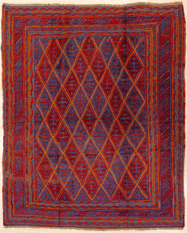 Authentic Hand knotted Red tribal Persian Meshwani Wool Rug 190cm x 160cm woven in Central Asia
A unique combination of flatweave and woolen pile. Tribal boho design

Durable and Wear Resistant Suitable for High Traffic Areas