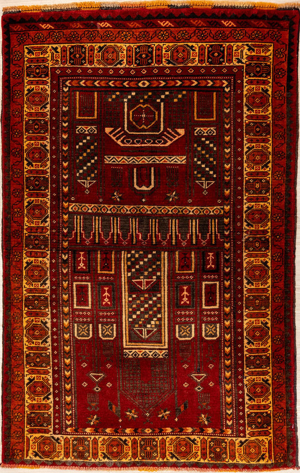 Authentic Handknotted Semi-Antique Persian Baluchi Wool Rug 118cm x 74cm Woven in the 1960's in Central Asia
Colour tones muted over the decades, woolen pile reduced indicating the semi-antique lifespan of this rug
Prayer Rug Design with an intricate aztec feel