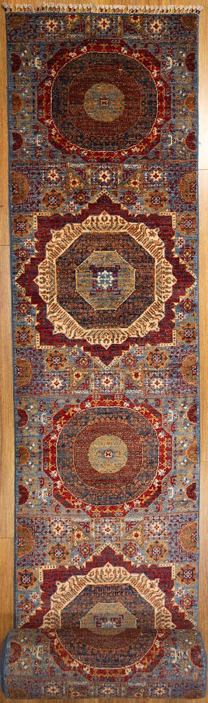 XXL Blue Red Afghan Mamluk Chobi Wool Runner 926cm x 76cm